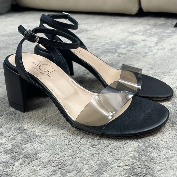 New AGL Isabelle Half Moon Block Sandals Clear PVC Toe Strap Black Sz 36 - Picture 6 of 14